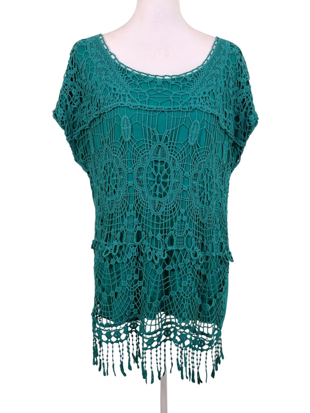 Signature Studio Teal Crochet Lace Fringe Boho Tunic Top M - Picture 2 of 11